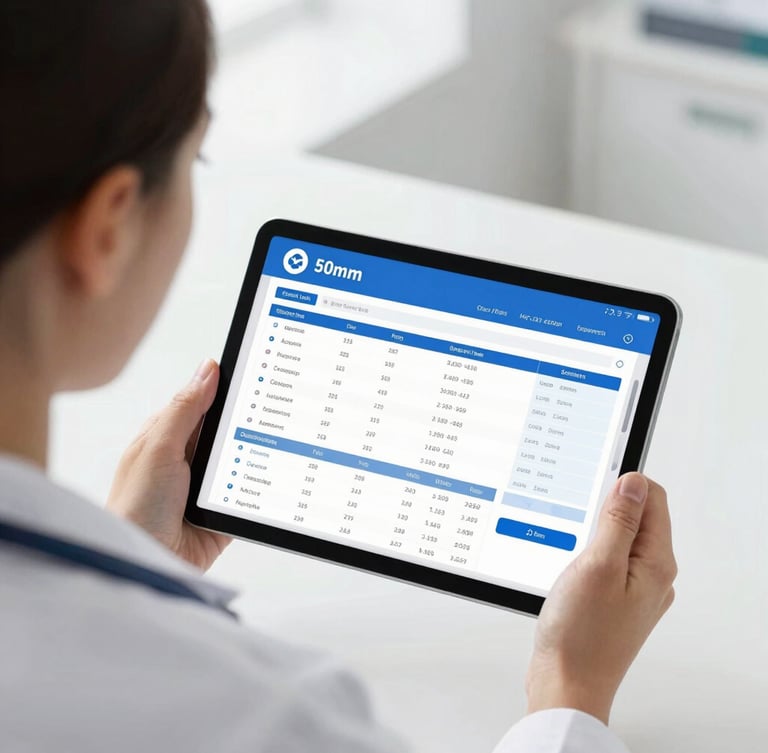Medium close-up over the shoulder of a focused medical practice manager reviewing a clean financial dashboard on a tablet, bright natural daylight, crisp white and deep blue tones, professional medical office setting, 50mm lens.