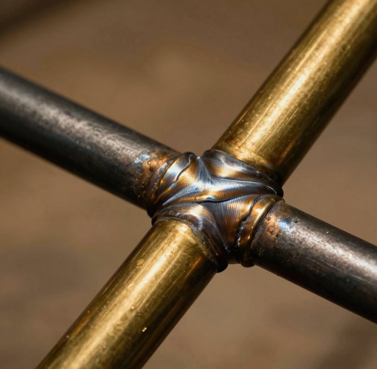 Extreme close-up of a brass fillet weld on a steel bicycle frame, golden brass flowing smoothly between dark steel tubes, warm editorial lighting, shallow depth of field