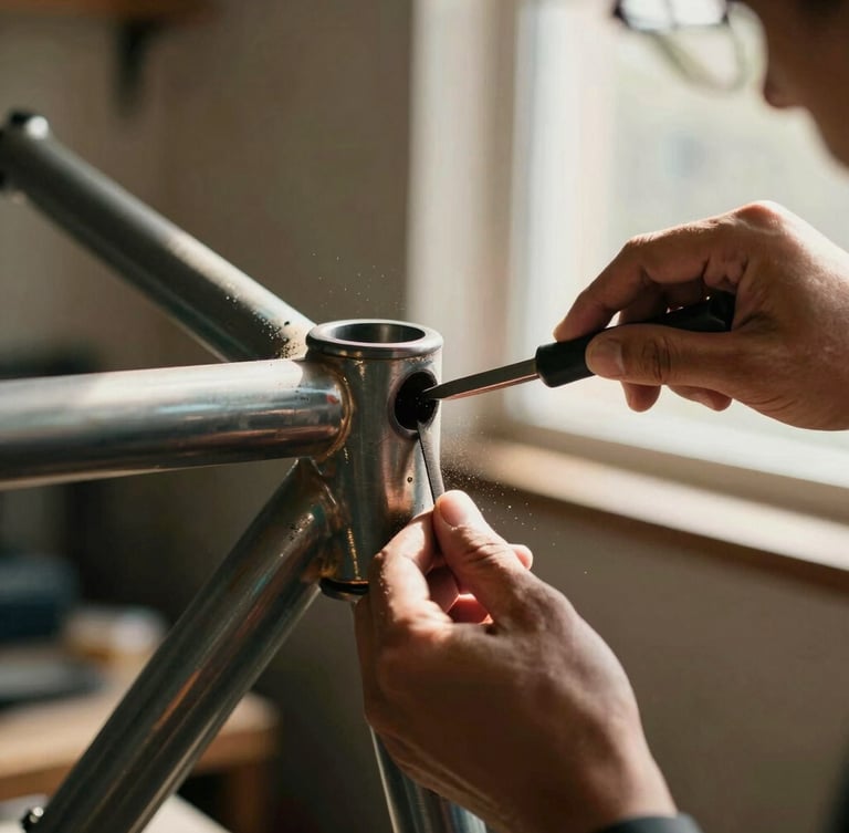 Hands of a trans artisan using a hand file on a steel bicycle frame tube, fine metal dust catching a sharp beam of natural window light, warm editorial photography, shallow depth of field.