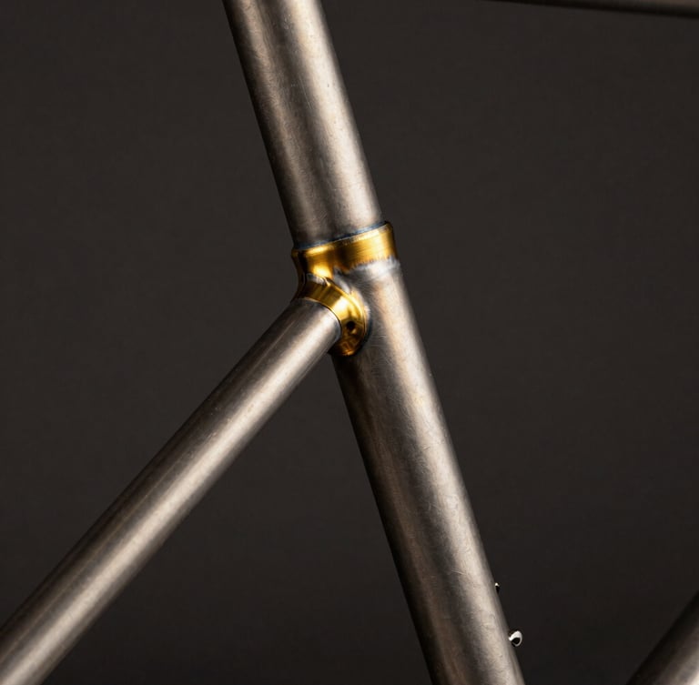 Extreme close-up of a perfectly aligned raw steel bicycle frame joint, glowing brass fillet brazing, dramatic studio spotlighting, deep charcoal background, 35mm.
