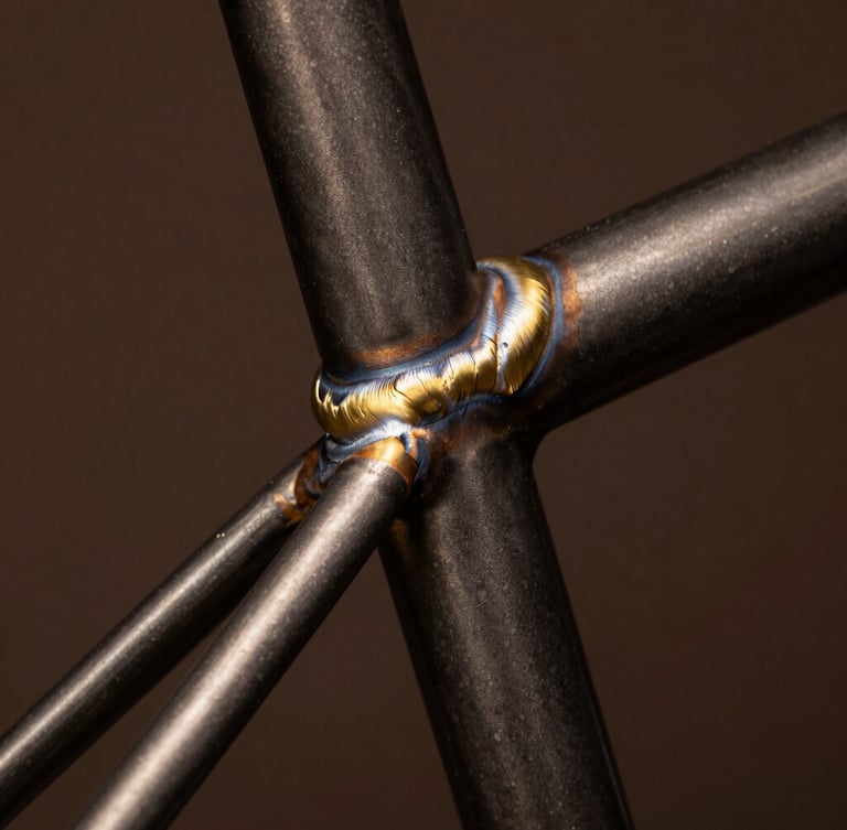 Extreme close-up of a clean brass fillet weld on a dark steel bicycle frame, dramatic studio spotlighting, shallow depth of field, 35mm