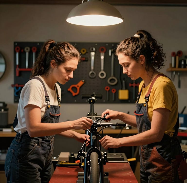 Portrait of two trans and women frame builders working together over a bicycle alignment stand, warm overhead lighting, organized tools on a dark pegboard behind them.