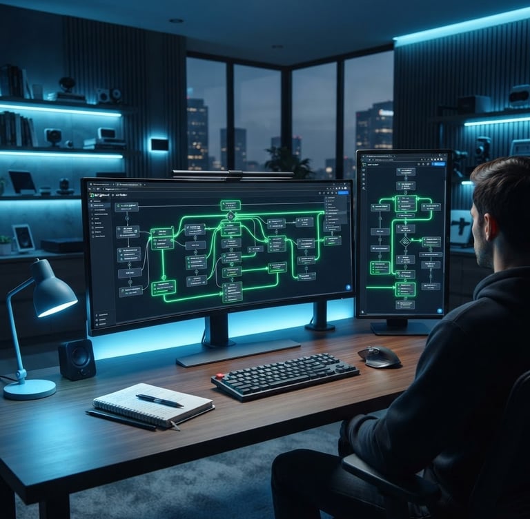 Wide shot of a clean, high-tech workspace, dual monitors displaying a complex GoHighLevel automation workflow with neon green active pipeline indicators, cool-toned ambient office light with blue LED highlights, sharp focus, 50mm.