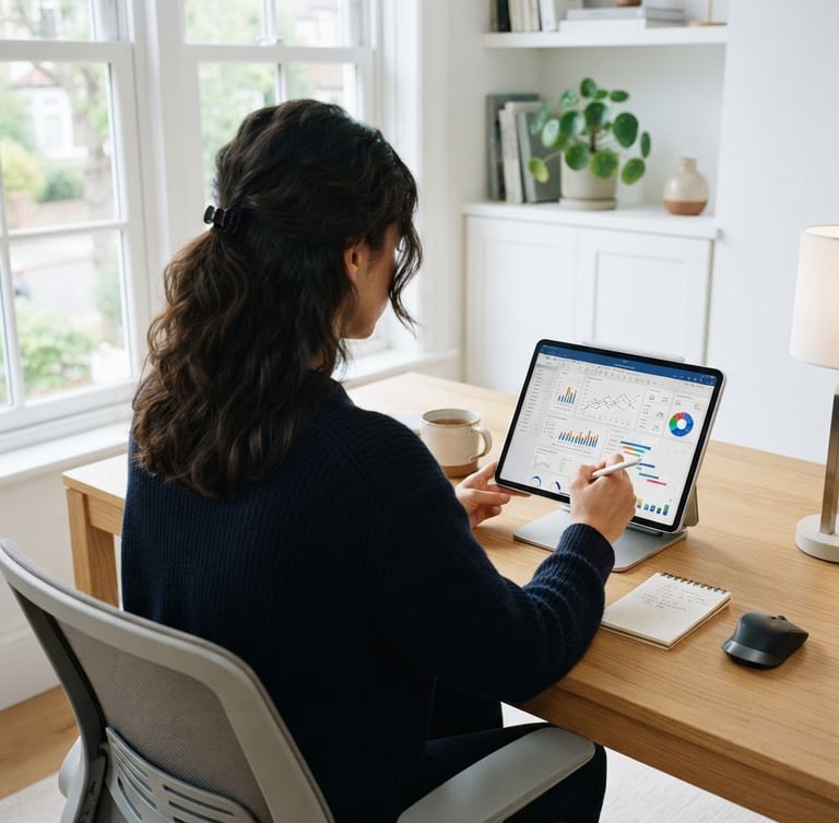 Over-the-shoulder view of a working professional studying from a tablet in a bright home office, digital dashboard visible, clean daylight, 35mm lens