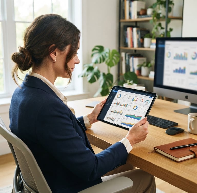 Over-the-shoulder shot of a working professional studying an interactive business dashboard on a tablet in a bright modern home office, daylight streaming in, sharp 35mm focus.