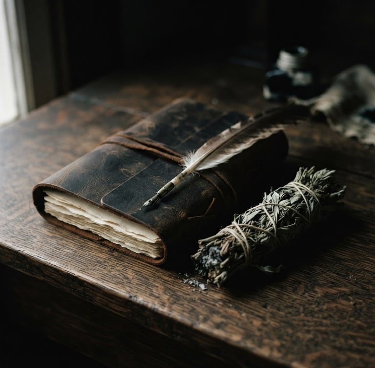 Close-up of a dark wooden desk with a leather-bound journal, a quill, and dried sage, illuminated by soft, low-key side lighting, deep shadows, desaturated sage and charcoal tones, 35mm film.