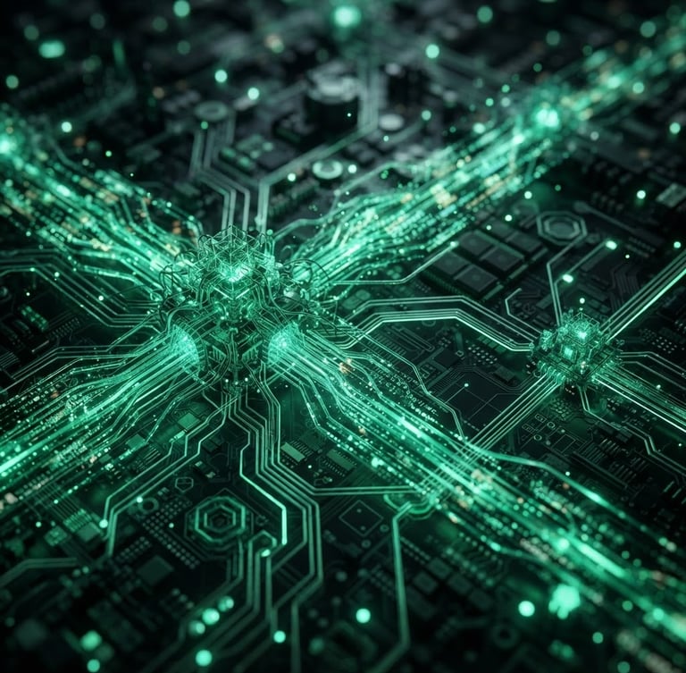Abstract representation of data flowing seamlessly between complex, glowing green network nodes, low-key ambient light, high contrast, macro depth of field.