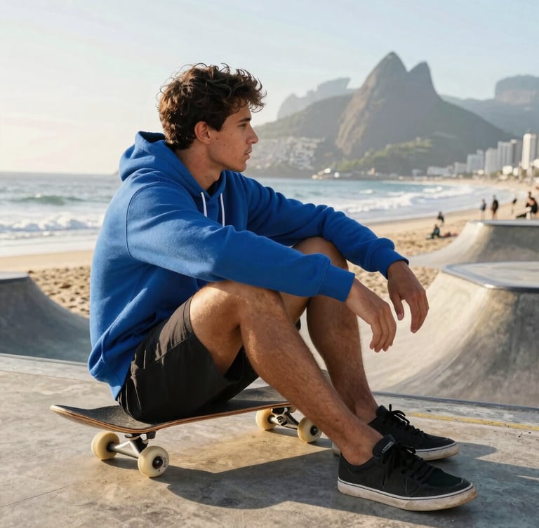 Young athletic man sitting on a skateboard by the Brazilian coast at sunrise, wearing a blue streetwear hoodie, dynamic outdoor daylight, 35mm lens.