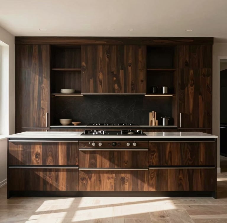 Straight-on architectural photography of a bespoke luxury kitchen, warm natural window light, rich dark tones, high-end interior design, 35mm
