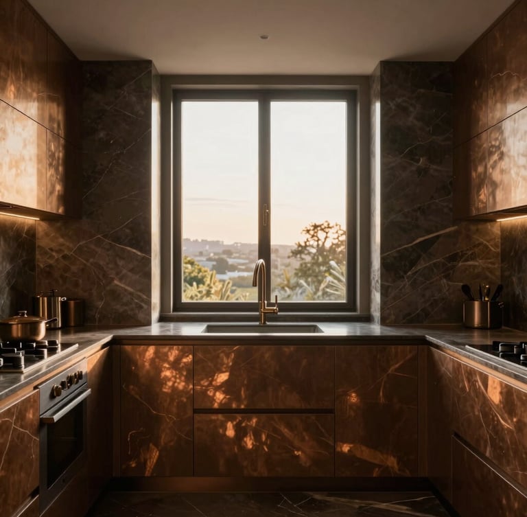 Straight-on architectural photography of a minimalist luxury kitchen with warm bronze accents, marble veining, and soft golden-hour window light, 35mm.