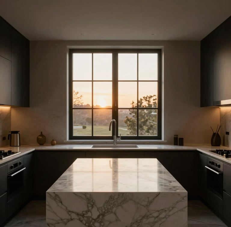 Straight-on architectural photography of a minimalist luxury kitchen, warm golden-hour window light reflecting off white marble island, 35mm