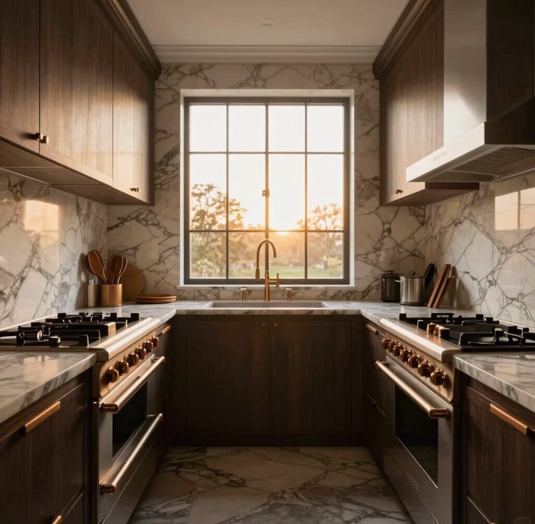 Straight-on architectural one-point perspective of a luxury kitchen with bookmatched marble and warm bronze hardware, soft golden-hour window light, 35mm