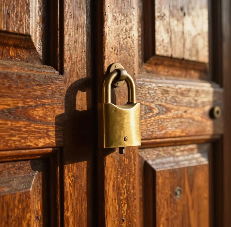Intimate close-up of a hand-keyed brass lock on an ancient oak door of a Tuscan villa, warm morning sun casting long shadows, 35mm lens