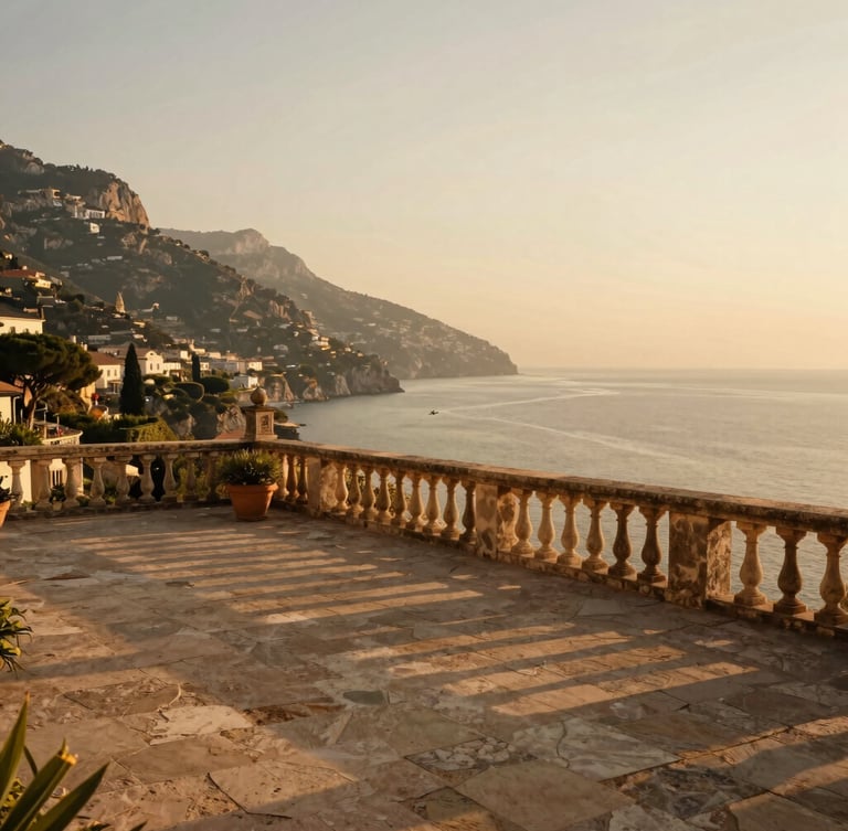A quiet, sun-drenched stone terrace of an exclusive private estate overlooking the Amalfi Coast at golden hour, uncrowded, warm editorial travel photography, 35mm lens.