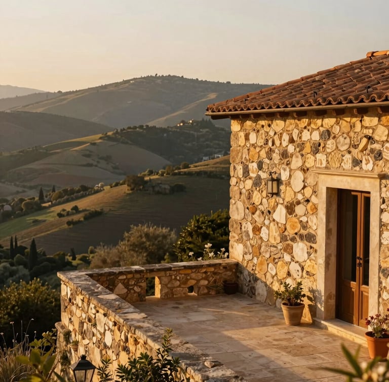 A quiet sunlit terrace of a stone villa overlooking rolling hills, soft morning light, warm editorial travel photography style.