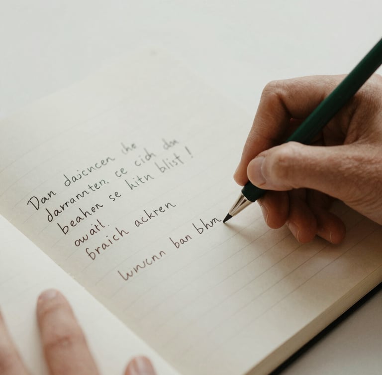 Close-up of hands writing neat German grammar notes in a structured notebook, soft overcast daylight, minimalist aesthetic