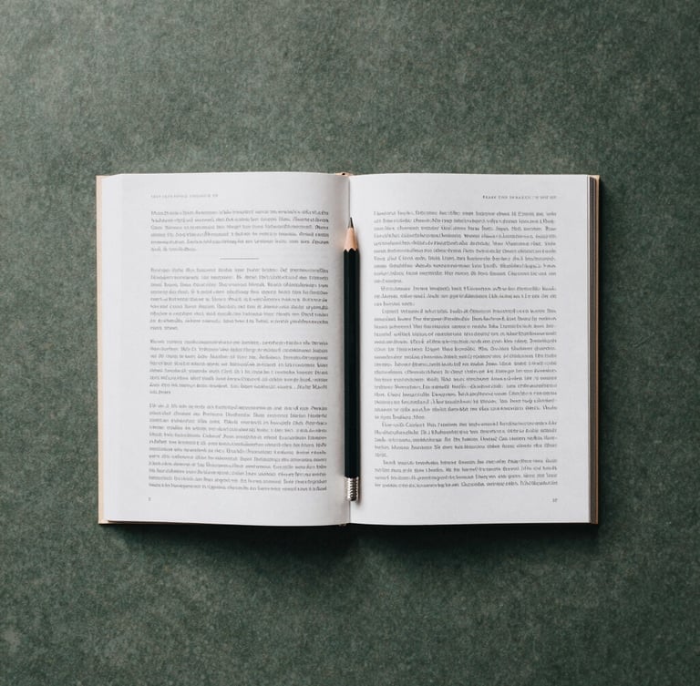 Minimalist study flat-lay, open German textbook with clean layout, a sharp pencil, soft natural overcast daylight, muted tones
