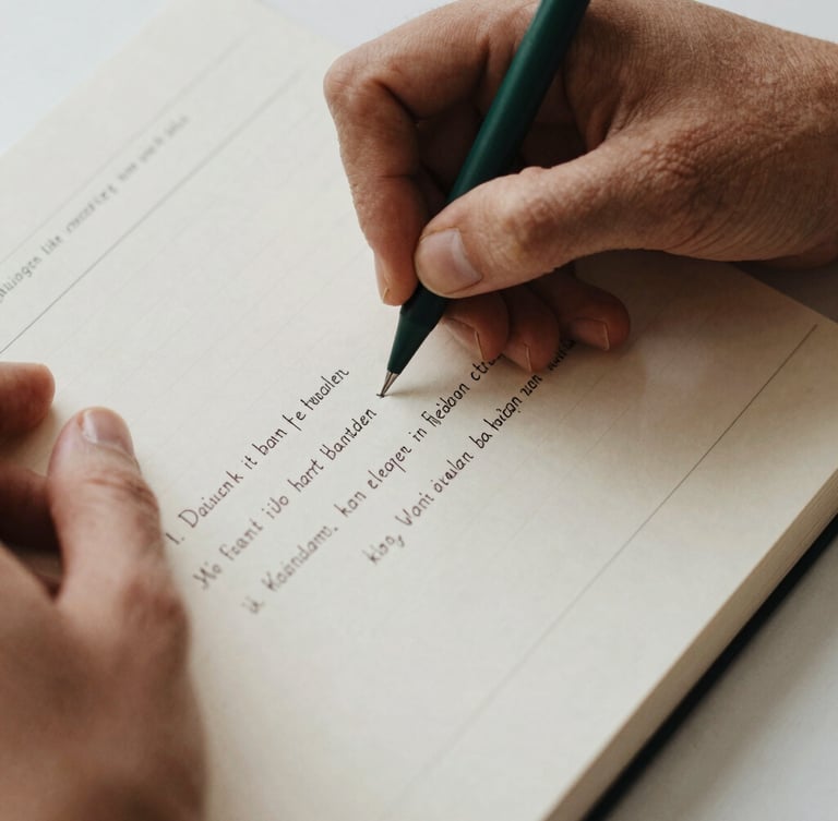 Macro overhead shot of hands writing precise German grammar charts in a neat notebook, soft natural overcast daylight, warm cream paper, minimalist editorial style, 35mm film aesthetic