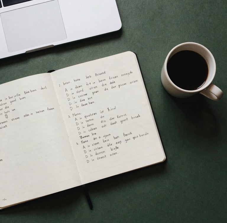 Overhead flat-lay of a clean study desk, an open notebook with handwritten German declension charts, a ceramic coffee cup on the side, soft natural overcast daylight, muted earth tones and deep forest green accents, 35mm film aesthetic.