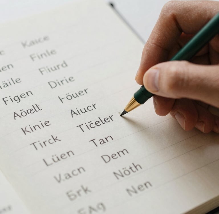 Macro close-up of hands writing German vocabulary in a structured notebook, clean layout, soft overcast daylight, muted earth tones