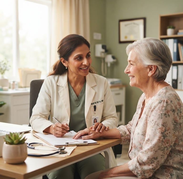 Dr. Mukta Seth in professional attire, consulting with a patient in a bright, clean clinic, soft natural window light, medium close-up, warm sage and cream tones, shallow depth of field.
