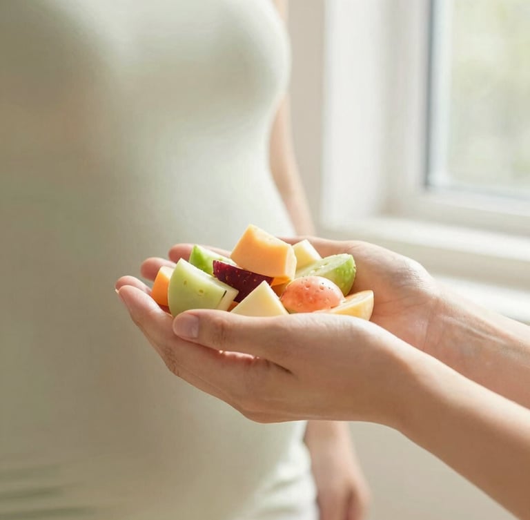 Close-up of hands holding a colorful piece of fruit, representing prenatal nutrition, soft natural window light, warm sage and cream tones, shallow depth of field.