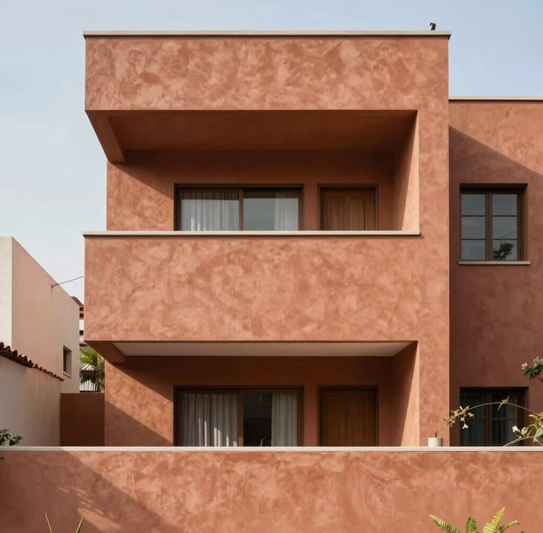 Straight-on architectural photography of a modern residential facade in Morelos, bright natural daylight, clean geometric lines, warm terracotta plaster detail, soft shadows, 35mm