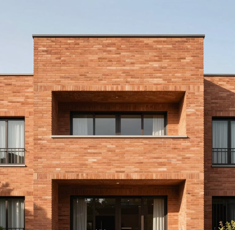 Straight-on architectural photography of a modern residential facade in Cuernavaca, warm terracotta brick textures, bright natural daylight, clean geometric composition, soft shadows