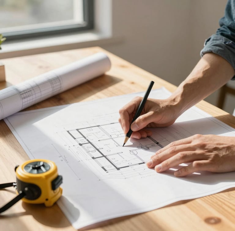 Hands of a young architect reviewing architectural blueprints on a wooden table, warm sunlight streaming through a window, professional tools and laser measure visible