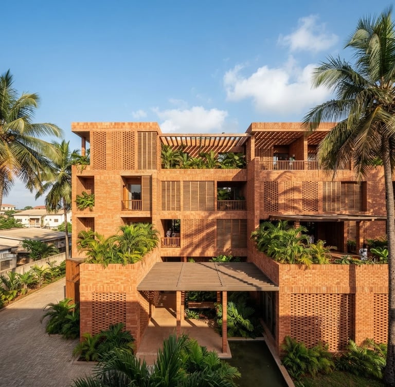 Warm architectural photography of a modern bioclimatic building in Cotonou, terracotta brick facade, deep green palm tree shadows, bright tropical daylight, wide-angle lens.