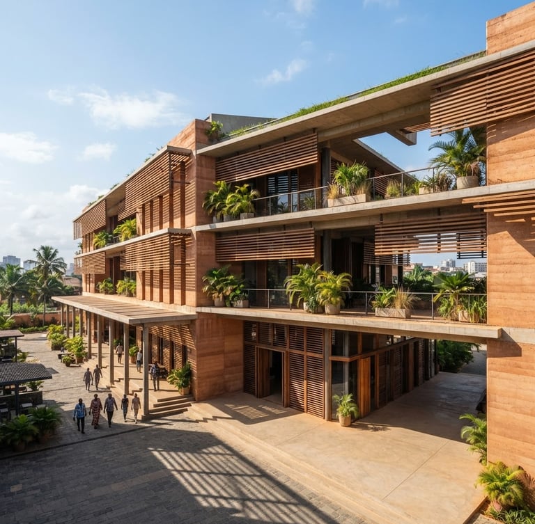 Warm architectural photography of a modernist bioclimatic building in Cotonou, featuring tropical timber louvers and terracotta-toned rammed earth walls, captured in bright tropical daylight with strong geometric shadows, wide-angle shot.