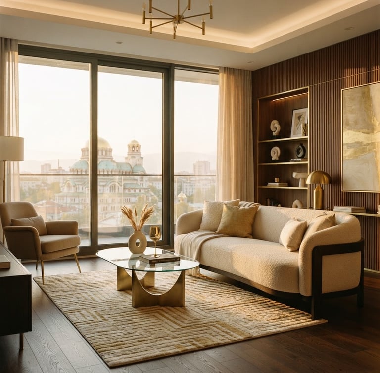 Sleek modern living room of a luxury apartment in Sofia, warm golden-hour light streaming through large windows, gold accents, elegant beige sofa, 35mm photography