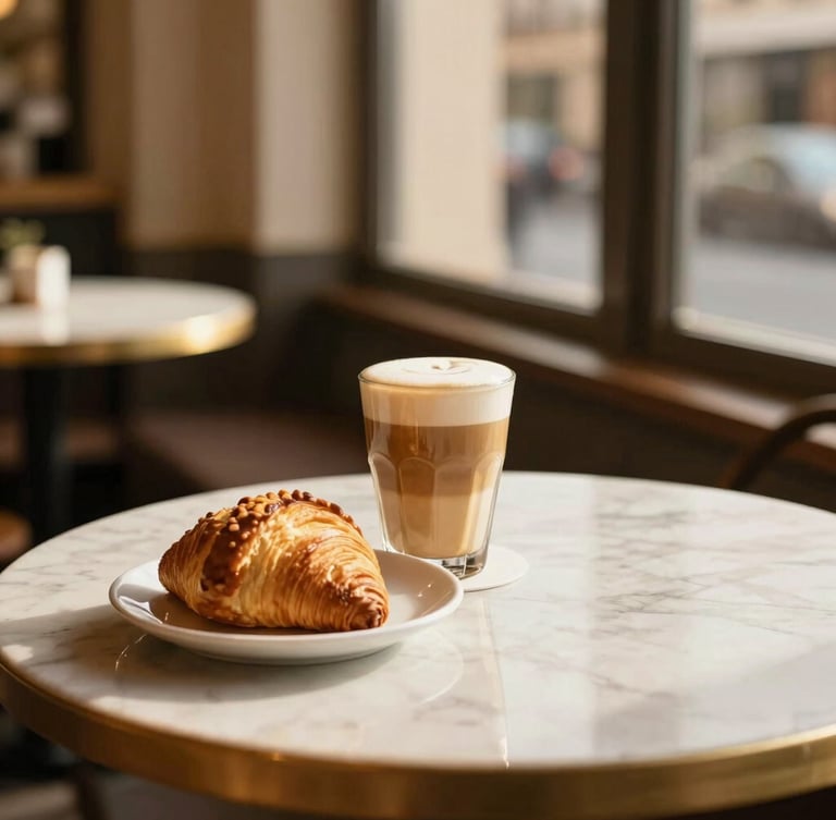 A beautifully styled flat white coffee next to a fresh pastry on a marble table in a sun-drenched Sofia cafe, warm editorial style, golden hour light, 35mm