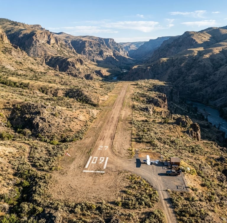 Wide aerial overview of a single dirt runway in a rugged Idaho canyon basin, crisp morning daylight casting sharp shadows across the dry terrain, desaturated earth tones with high-contrast runway markings.