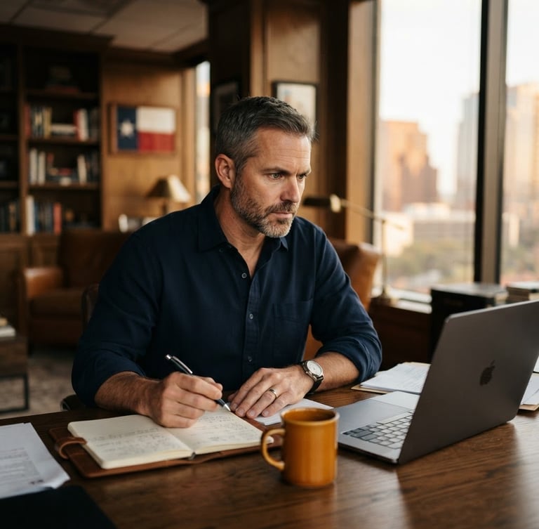 Environmental portrait of Matthew Law in a warm-lit Texas office, shallow depth of field, natural window light, deep navy tones, looking focused and determined