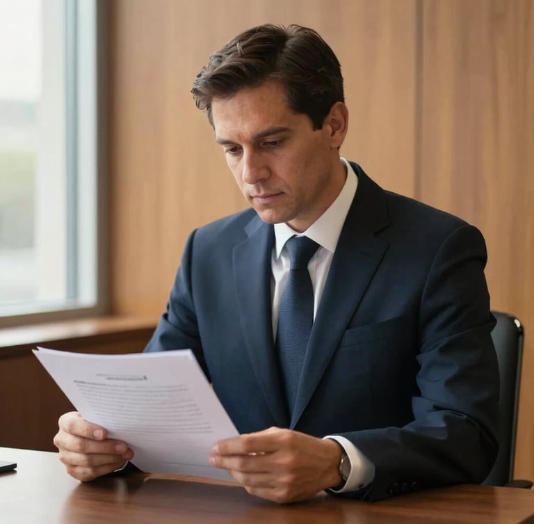 Environmental portrait of attorney Matthew Law in a professional Texas office setting, reviewing legal briefs by a window, soft directional natural light, deep navy suit with warm amber wood background, shallow depth of field, 35mm