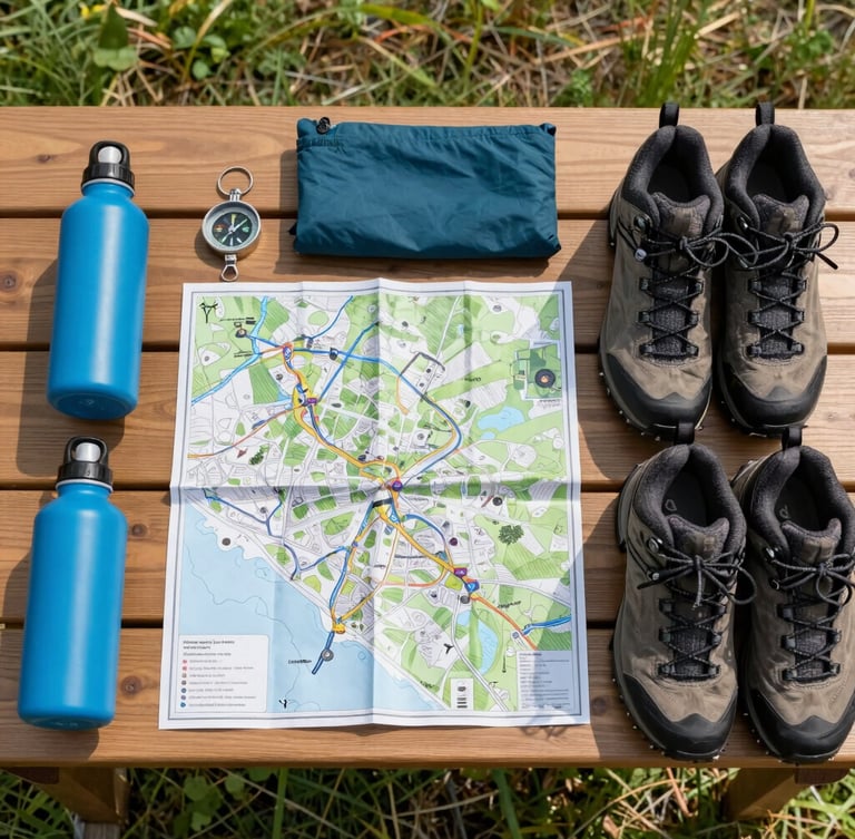 An overhead flat-lay of clean outdoor gear laid out neatly on a wooden table, including a trail map, compass, water bottle, and hiking boots, bright natural morning light.