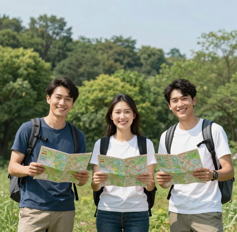 Bright outdoor portrait of friendly outdoor guides standing in front of a green forest, smiling warmly, holding trail maps, crisp natural daylight, editorial style.