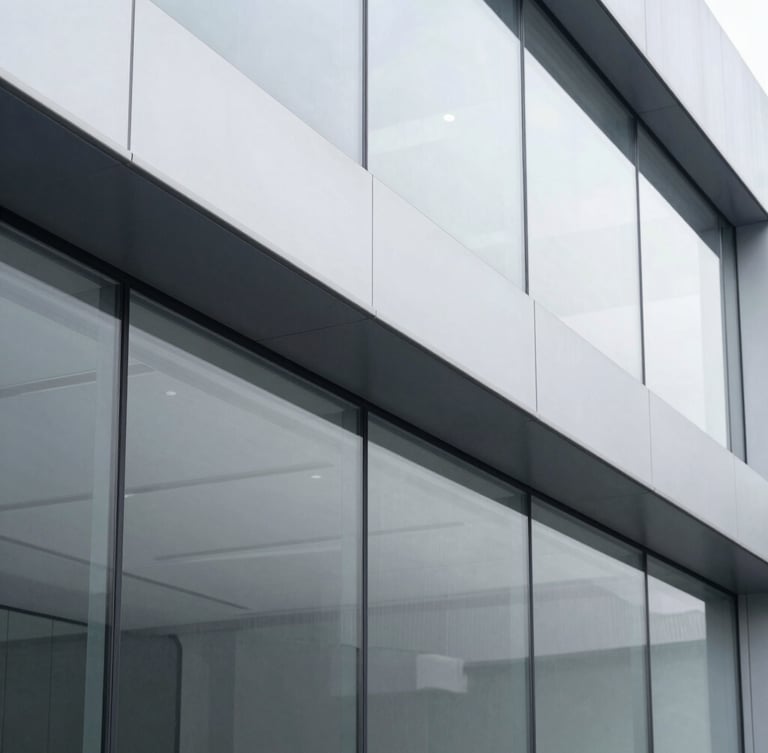 Sharp architectural close-up of a modern corporate boardroom with clean lines and structured glass panels, bright neutral daylight, cool gray tones