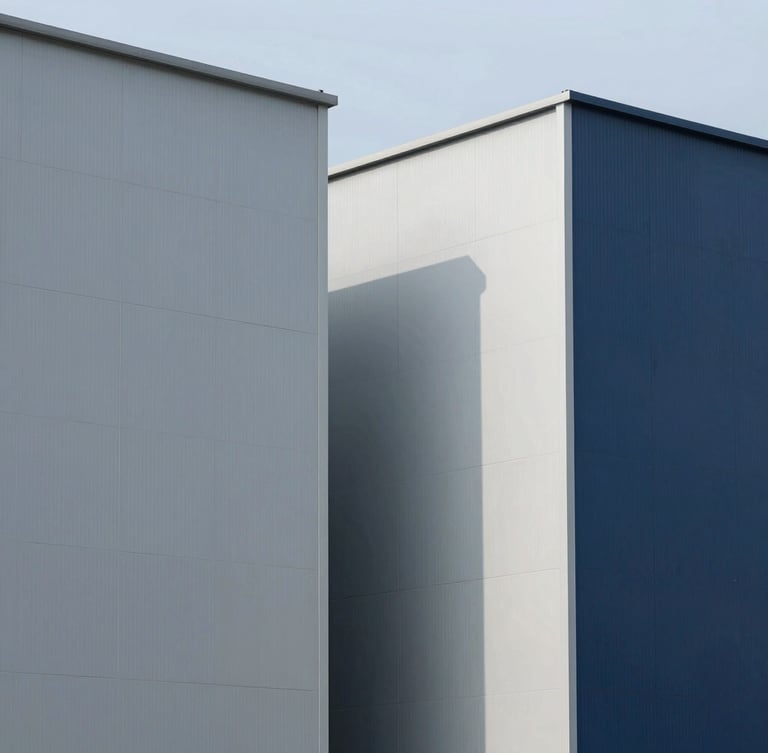 Industrial facility exterior with sharp architectural lines, bright daylight, cool gray and navy tones, sharp focus, 35mm