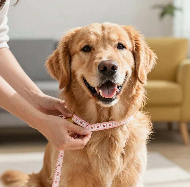 Warm editorial pet photography, a happy golden retriever being gently measured with a soft measuring tape by a designer, bright natural daylight, vibrant rich tones.