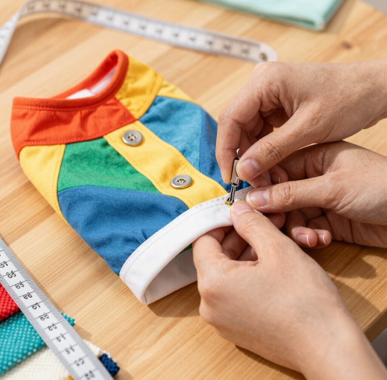 Close-up of hands sewing a colorful pet shirt on a wooden table, measuring tape and fabric textures visible, warm natural daylight