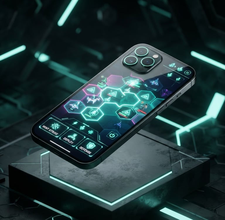 Sleek 3D device render of an isometric smartphone showing a clean game interface, dark moody background with sharp neon mint accents, crisp studio lighting
