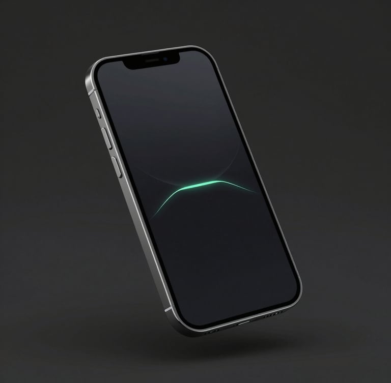 Sleek 3D render of a smartphone mockup floating at an isometric angle, displaying a clean dark-mode user interface with sharp neon mint lines and no visual clutter, dark moody studio background
