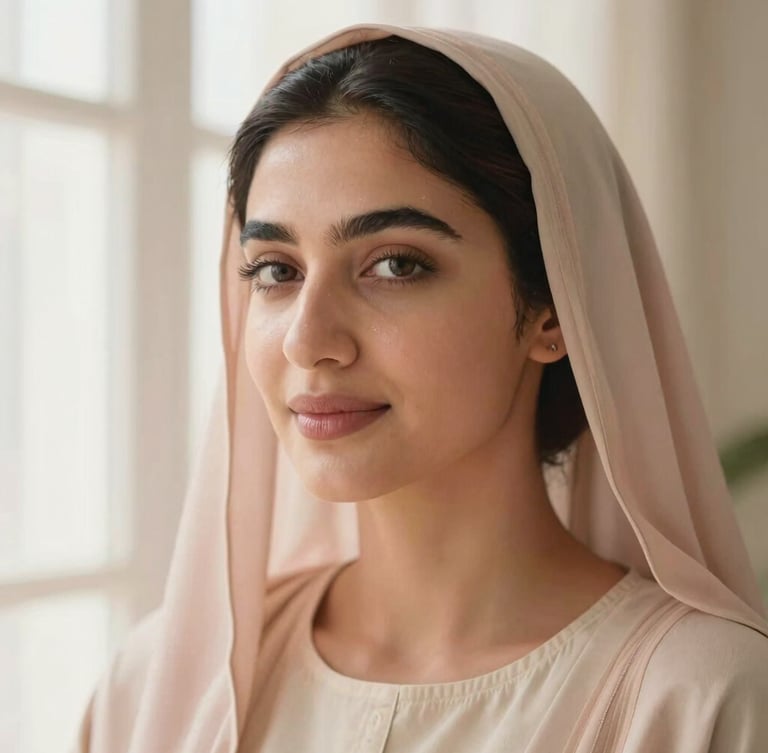 Close-up portrait of a serene Saudi woman with healthy, glowing skin, soft morning window light, warm pastel cream tones, editorial style, 35mm