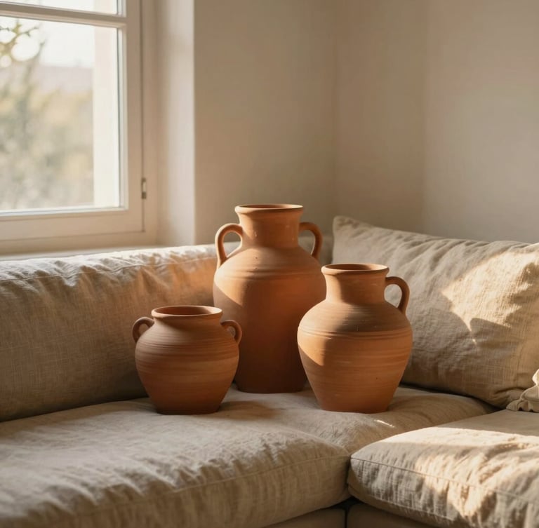 Warm golden-hour lifestyle crop of a cozy living room corner with terracotta ceramics, soft linen textiles, and sunlight streaming through a window, 35mm photography