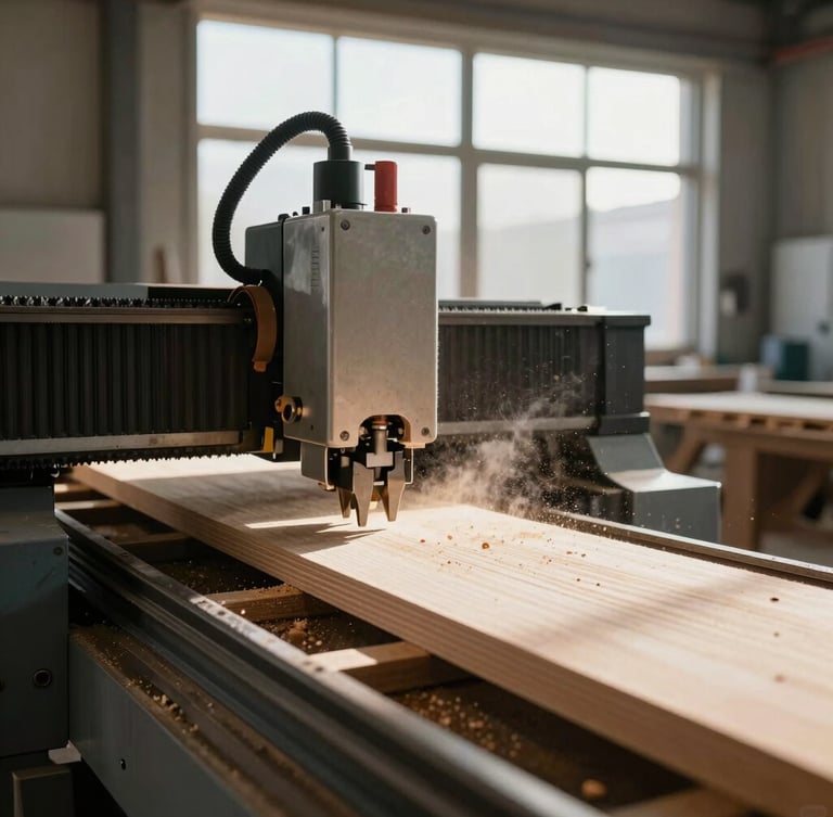 Góc chụp thẳng đứng cận cảnh máy cắt CNC công nghiệp đang gia công phôi gỗ sồi tại xưởng, ánh sáng tự nhiên rọi qua ô cửa kính lớn tạo độ tương phản cao, bụi gỗ mờ nhẹ nghệ thuật.