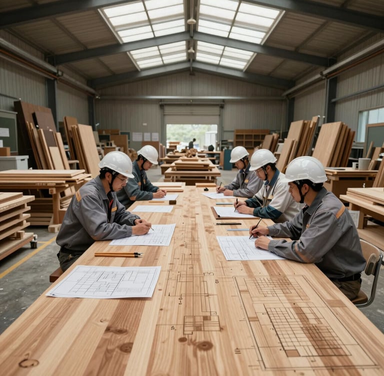 Góc chụp thẳng từ trên xuống xưởng gỗ hiện đại, các kỹ sư mặc đồng phục bảo hộ đang thảo luận bên bản vẽ kỹ thuật trải rộng trên bàn gỗ lớn, ánh sáng tự nhiên rọi từ ô kính trần.