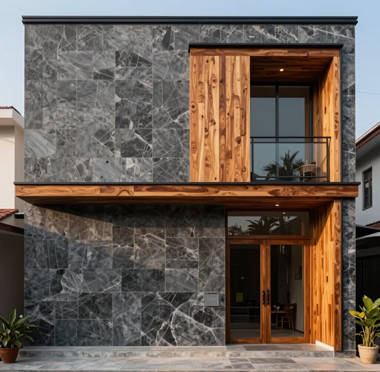 Góc chụp thẳng đứng mặt tiền biệt thự hiện đại tại Buôn Ma Thuột, vách đá basalt xám xen kẽ lam gỗ sồi ấm, ánh sáng tự nhiên chiều tà.
