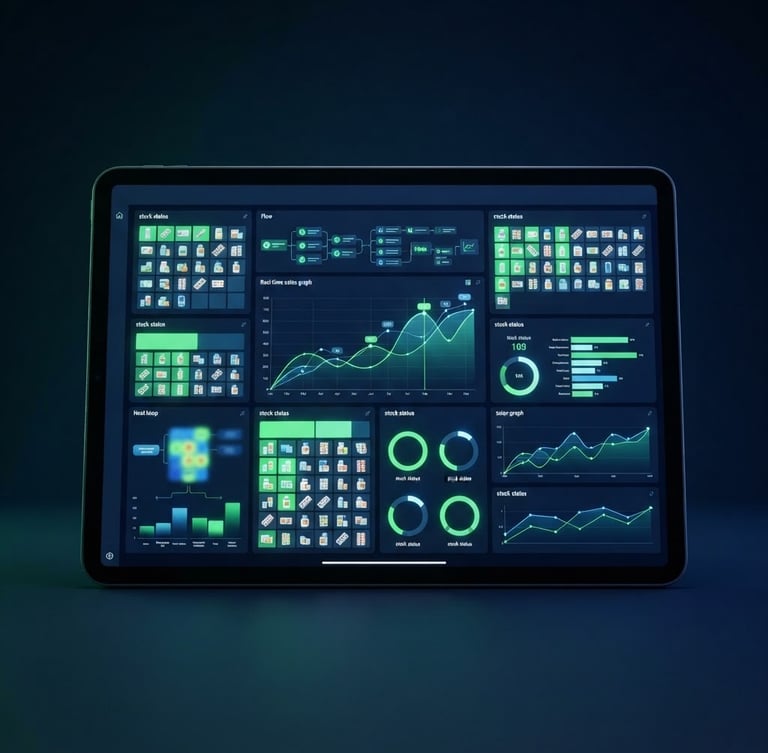 High-fidelity UI mockup of a pharmacy dashboard on a tablet, showing real-time sales and green stock alerts, soft ambient green studio lighting, deep navy background.